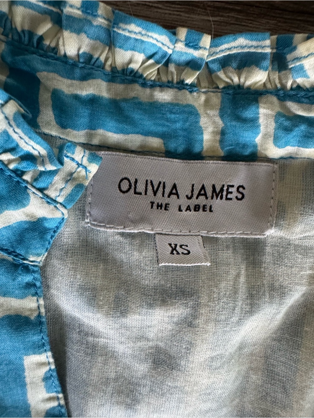 Olivia James The Label XS Blue White Geometric Print Tiered Ruffle Cotton Dress - Picture 5 of 10